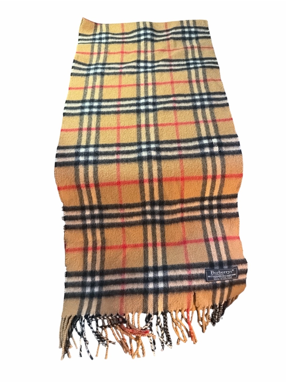 Burberry Beige Plaid Cashmere Scarf with Black White and Red Accents - Picture 4 of 5